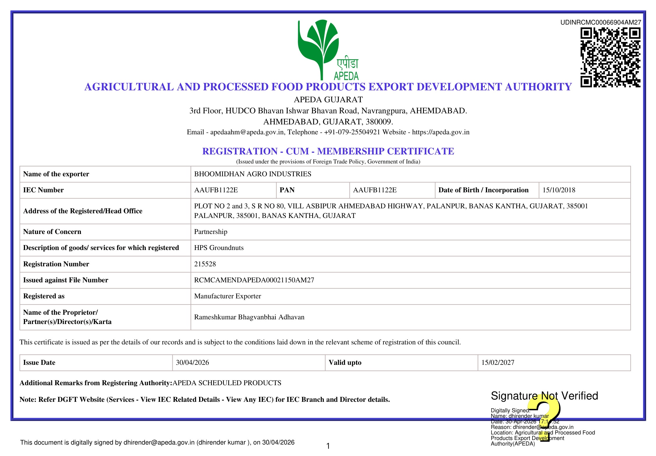 APEDA RCMC Certificate Preview